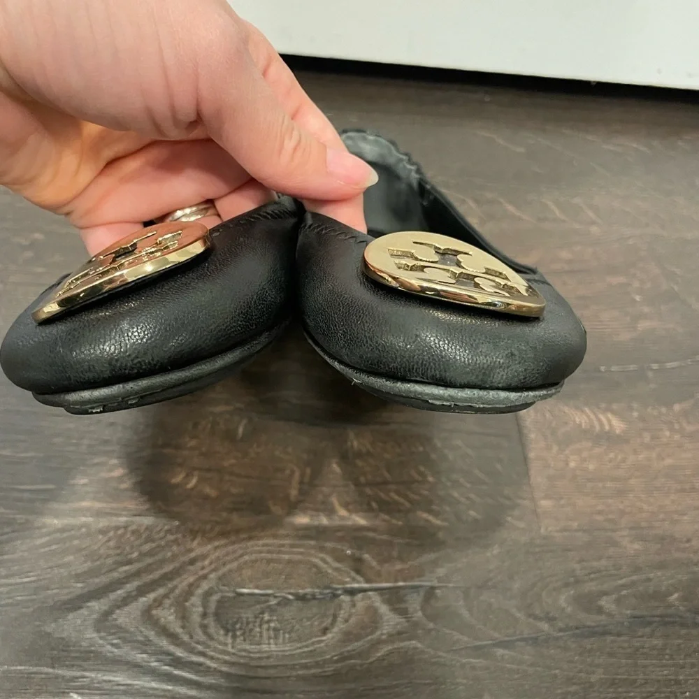 Tory Burch Travel Ballet Minnie Flats Black Gold Slip On Shoes Size 7M